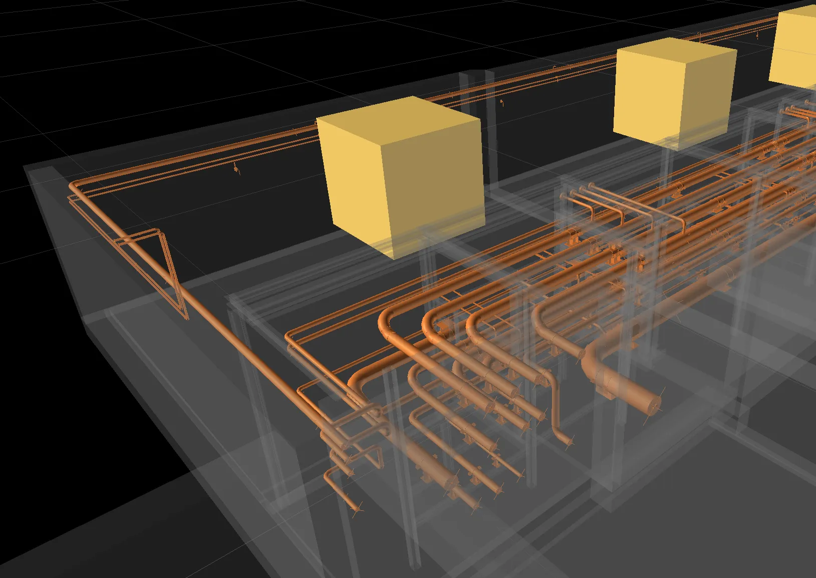 Rozvody provozních médií k lisům (pára, vakuum, vody) Kompletní model